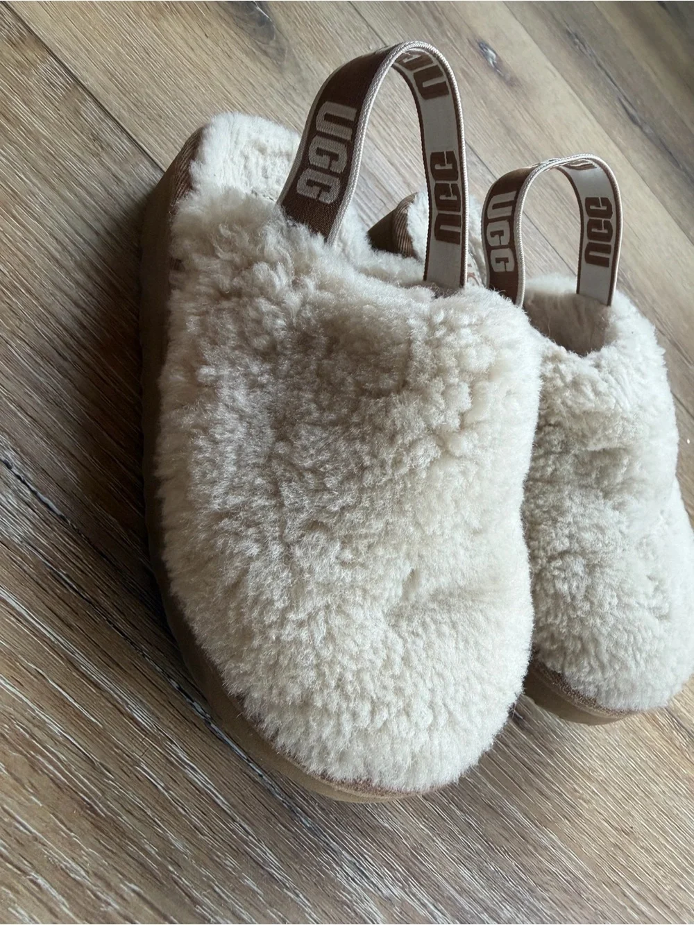 UGG Cream Shearling Slide Slippers with Branded Elastic Strap